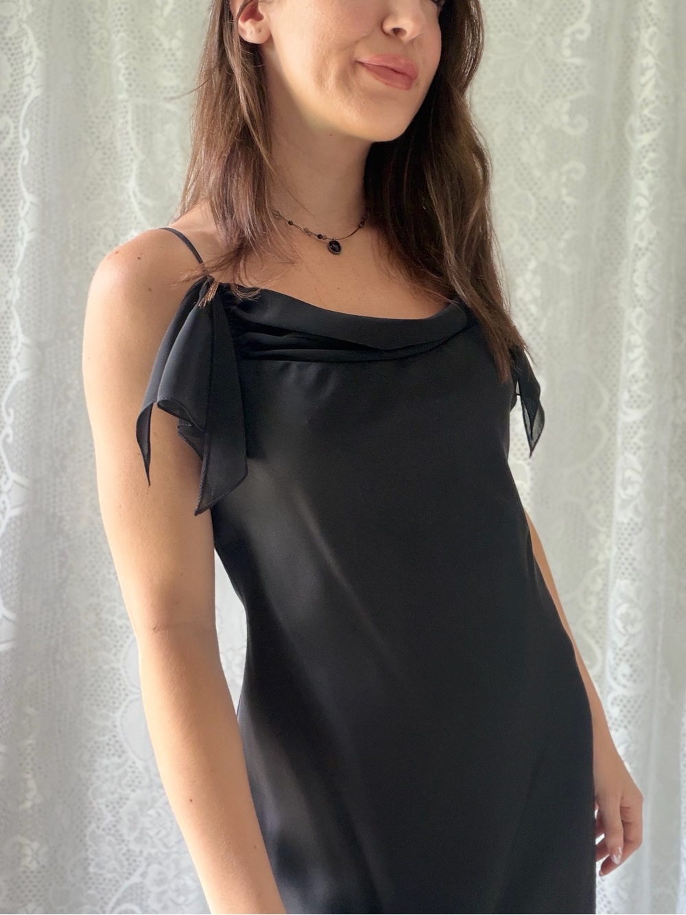 Vintage Y2K Cachet Black Satin Cowl Neck Ruffle Maxi Dress Size 8